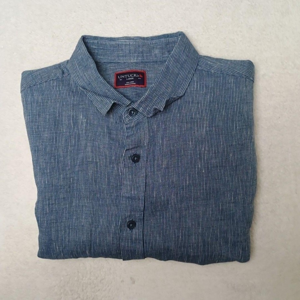 UNTUCKit Shirt Mens L Blue Striped 100% Linen Canon Button-Up Short Sleeve Work